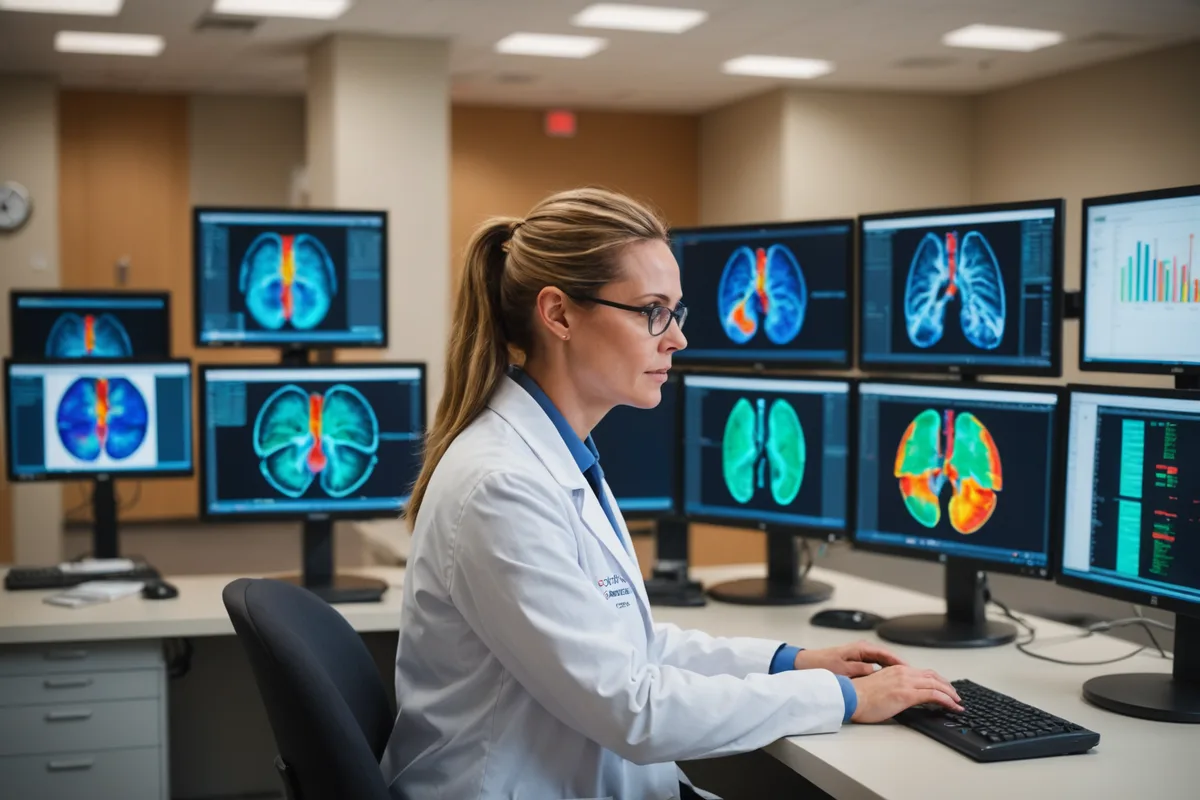 Oncology specialist at clinical workstation in a softly lit hospital consultation room