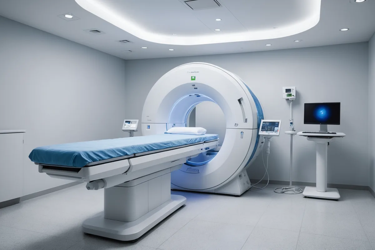 PET-CT scanner interior glow in a clinical radiology suite